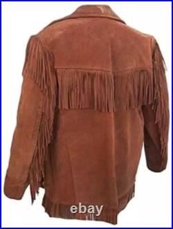 Men's Suede Western Cowboy Jacket Handmade Native American Fringe Leather Jacket