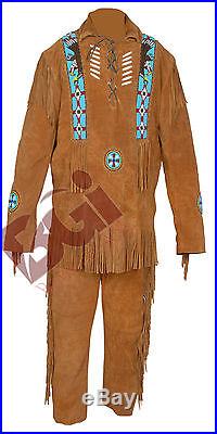 Men's Suede Western Cowboy Leather Shirt & Pant with Frings, Beads and Bones