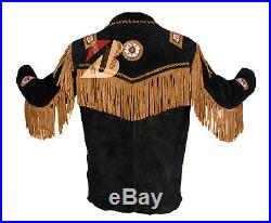 Men's Suede Western Cowboy Leather jacket with Fringe, Handmade Beads And Bones