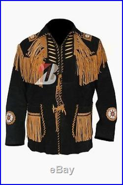 Men's Suede Western Cowboy Leather jacket with Fringe, Handmade Beads And Bones