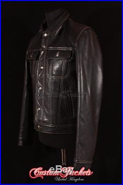 Men's'TRUCKER' Black / Beige Stitch Western Real Cowhide Leather Classic Jacket