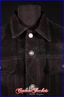 Men's TRUCKER Black SUEDE Stitch Western Real Cowhide Leather Classic Jacket