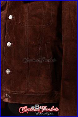 Men's TRUCKER Brown SUEDE Stitch Western Real Cowhide Leather Classic Jacket