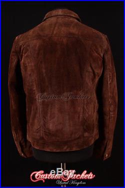 Men's TRUCKER Brown SUEDE Stitch Western Real Cowhide Leather Classic Jacket