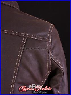 Men's TRUCKER Brown With Beige Stitch Western Skipper Leather Classic Jacket