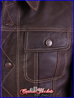 Men's TRUCKER Brown With Beige Stitch Western Skipper Leather Classic Jacket