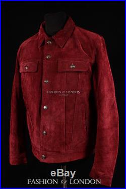 Men's TRUCKER Burgundy Red Suede Classic Western Denim Style Hide Leather Jacket