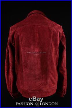 Men's TRUCKER Burgundy Red Suede Classic Western Denim Style Hide Leather Jacket