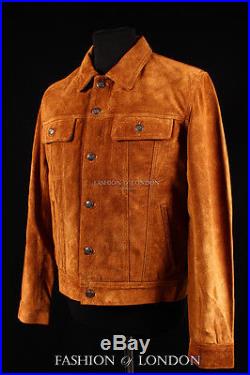 Men's TRUCKER Tan Suede Classic Retro Western Denim Style Hide Leather Jacket