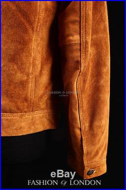 Men's TRUCKER Tan Suede Classic Retro Western Denim Style Hide Leather Jacket