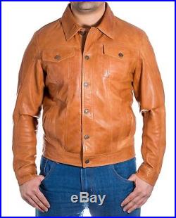 Men's Tan leather Casual Fitted Denim Western Trucker Star Button Jean jacket