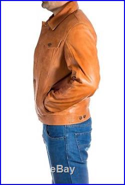 Men's Tan leather Casual Fitted Denim Western Trucker Star Button Jean jacket
