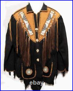 Men's Traditional American Cowboy Western Leather Jacket Coat & Fringe Bone Bead