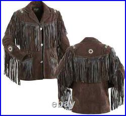 Men's Traditional American Suede Western Cowboy Leather Jacket Fringe-Bead Work