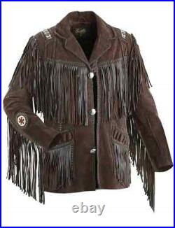 Men's Traditional American Suede Western Cowboy Leather Jacket Fringe-Bead Work