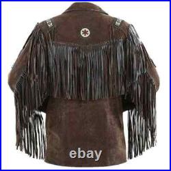 Men's Traditional American Suede Western Cowboy Leather Jacket Fringe-Bead Work