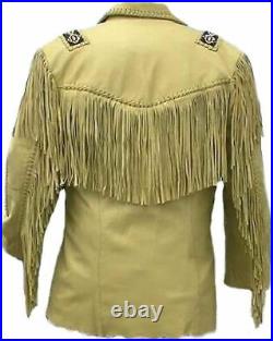 Men's Traditional Cowboy Western Leather Jacket Coat With Fringe And Beads