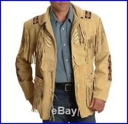 Men's Traditional Cowboy Western Leather Jacket Coat With Fringe Bone and Beads