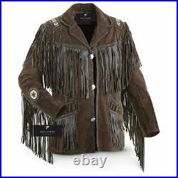 Men's Traditional Cowboy Western Leather Jacket Coat With Fringe Bone and Beads