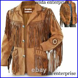 Men's Traditional Cowboy Western Leather Jacket Coat with Fringe Native America