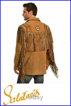 Men's Traditional Cowboy Western Leather Jacket With Fringe Bone and Beads 7700