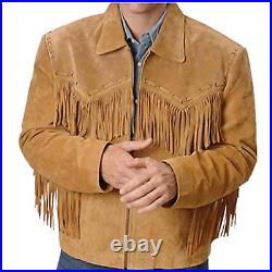 Men's Traditional Cowboy Western Leather Jacket coat With Fringe Bone and Beads