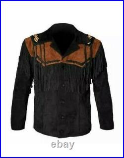 Men's Traditional Cowboy Western Wear Leather Jacket Coat With Fringe Bone Beads