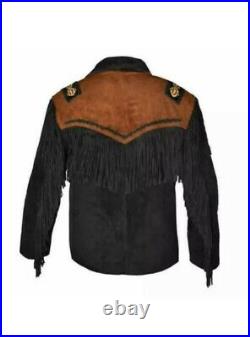 Men's Traditional Cowboy Western Wear Leather Jacket Coat With Fringe Bone Beads