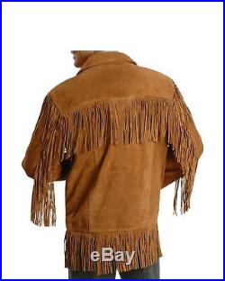 Men's Traditional Leather Western Wear Brown Suede Leather Jacket Fringe Buttons