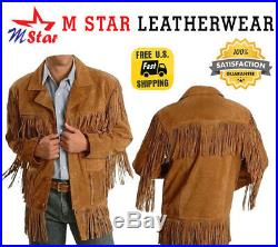 Men's Traditional Leather Western Wear Brown Suede Leather Jacket Fringe Buttons