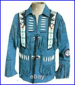 Men's Traditional Western American Blue Suede Leather Beaded Fringes Coat Jacket