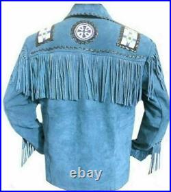 Men's Traditional Western American Blue Suede Leather Beaded Fringes Coat Jacket