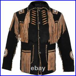 Men's Traditional Western American Suede Leather Jacket Coat Beaded & Fringes