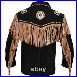 Men's Traditional Western American Suede Leather Jacket Coat Beaded & Fringes
