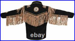 Men's Traditional Western American Suede Leather Jacket Coat Beaded & Fringes