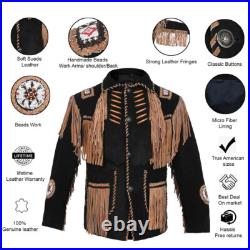 Men's Traditional Western American Suede Leather Jacket Coat Beaded & Fringes