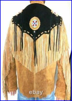 Men's Traditional Western Cowboy Leather Jacket Coat with Fringe, Eagle Beadwork