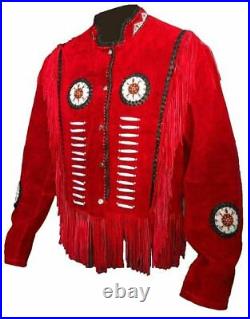 Men's Traditional Western Cowboy Leather Jacket coat with fringe and beads Red