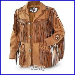 Men's Traditional Western Cowboy Leather Jacket coat with fringe bones and beads
