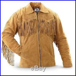 Men's Traditional Western Leather Cowboy Jacket coat with fringe bones and beads