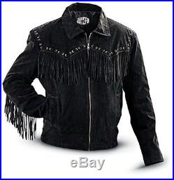 Men's Traditional Western Leather Cowboy Jacket coat with fringe bones and beads