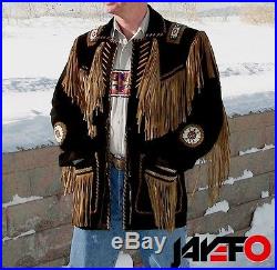 Men's Traditional Western Leather Jacket Cowboy coat With Fringe Bone and Beads