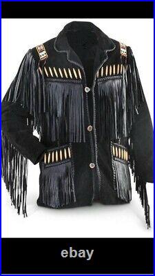 Men's Traditional Western Leather Jacket Cowboy coat With Fringe Bone and Beads