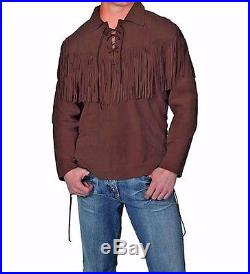 Men's Traditional Western Suede Leather Mountain Man Shirt With Fringes Jacket