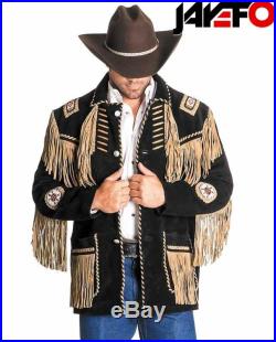 Men's Traditional Western cowboy Leather Jacket coat With Fringe Bone and Beads