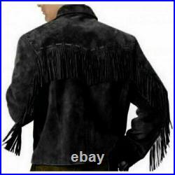 Men's Traditional Western cowboy Leather Jacket coat With Fringes Bone and Beads