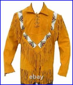 Men's Traditional Western cowboy Leather coat With Fringed Bones & Beads