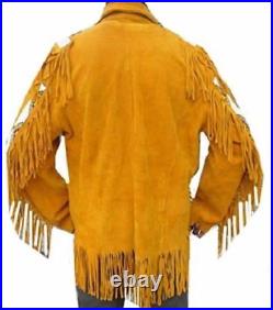 Men's Traditional Western cowboy Leather coat With Fringed Bones & Beads
