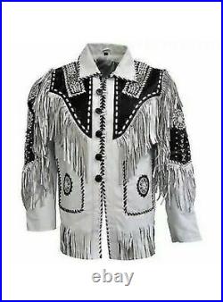 Men's Traditional Western suede leather Jacket coat with fringe bones and beads