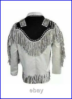 Men's Traditional Western suede leather Jacket coat with fringe bones and beads